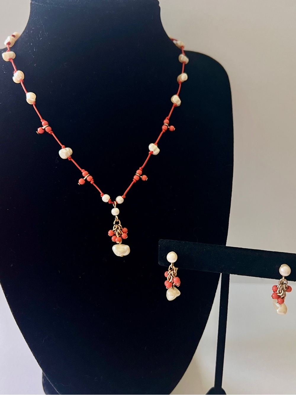 Vintage Avon Set of Coral Pearlesque Necklace and Earrings Faux Pearl Gold Tone